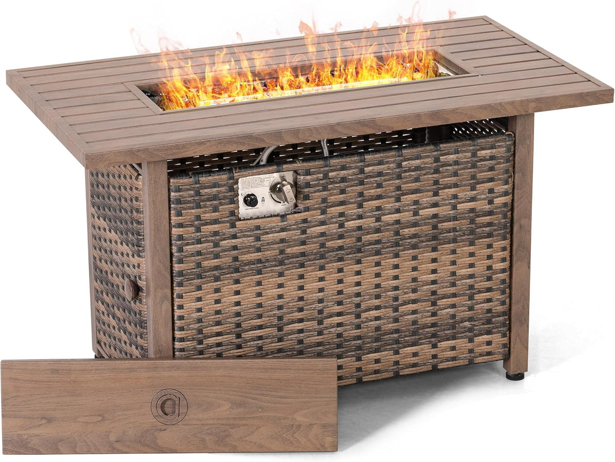 Nuu Garden 43" Propane Fire Pit Table, 50,000 BTU CSA-Listed Rattan Outdoor Gas Fire Pit with Lid & Glass Beads, Smokeless Rectangular Patio Heater Table for Backyard, Deck, Garden, Brown