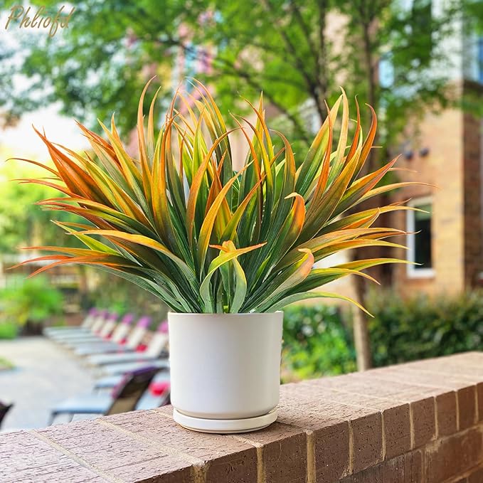6Pcs Artificial Grass Fake Plants 17.3in Outdoor Plastic Plants UV Resistant Greenery Fake Grass for Home Window Garden Office Patio Hanging Planter Pathway Front Porch Décor Orange Yellow