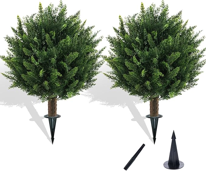 21" Artificial Cypress Topiary Outdoor Plants with Spike, 2 Pack Faux Cedar Bushes UV Resistant Fake Shrubs for Front Porch Décor