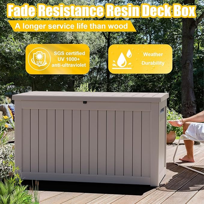 DRATO 230 Gallon Deck Box, Waterproof Resin Large Outdoor Storgae Box for Patio Furniture, Patio Cushions, Gardening Tools, Pool and Sports Supplies, Lockable