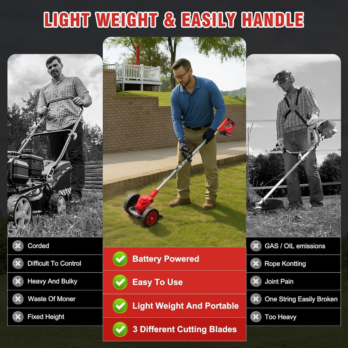 ALSO GO 24V Electric Weed Wacker, 3 in 1 Grass Trimmer with 2pcs Batteries & Fast Charger, Stringless Lightweight Weed Eater/Brush Cutter/Edger with 3 Types Blade & Wheels for Garden and Yard Lawn