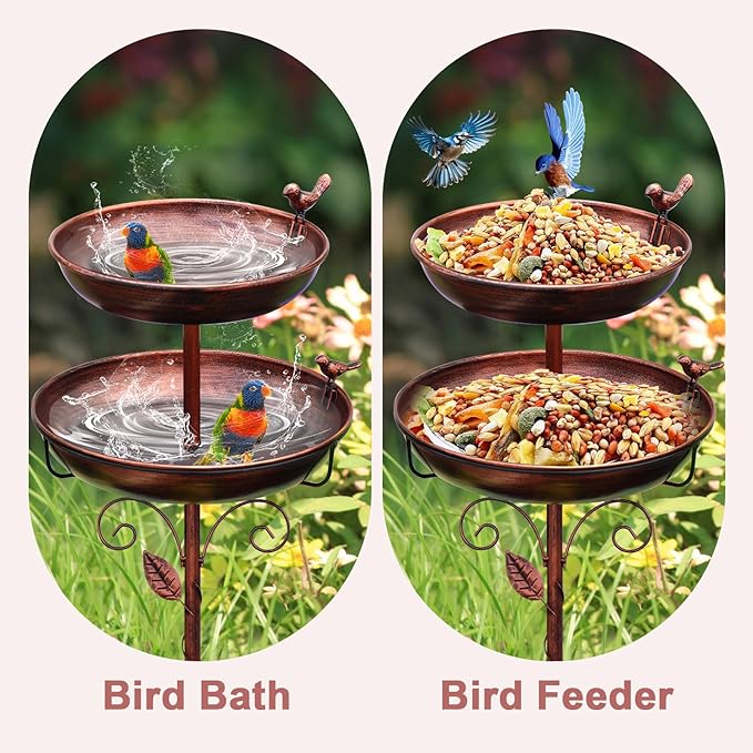 Metal Bird Bath for Outside, 2-in-1 Birdfeeder and Bath, 42 Inch Tall Stand with Hummingbird, Large 12Inch & Small 7.9Inch Bird Bath Bowl, 3 Bird Decor for Garden, Antique Bronze