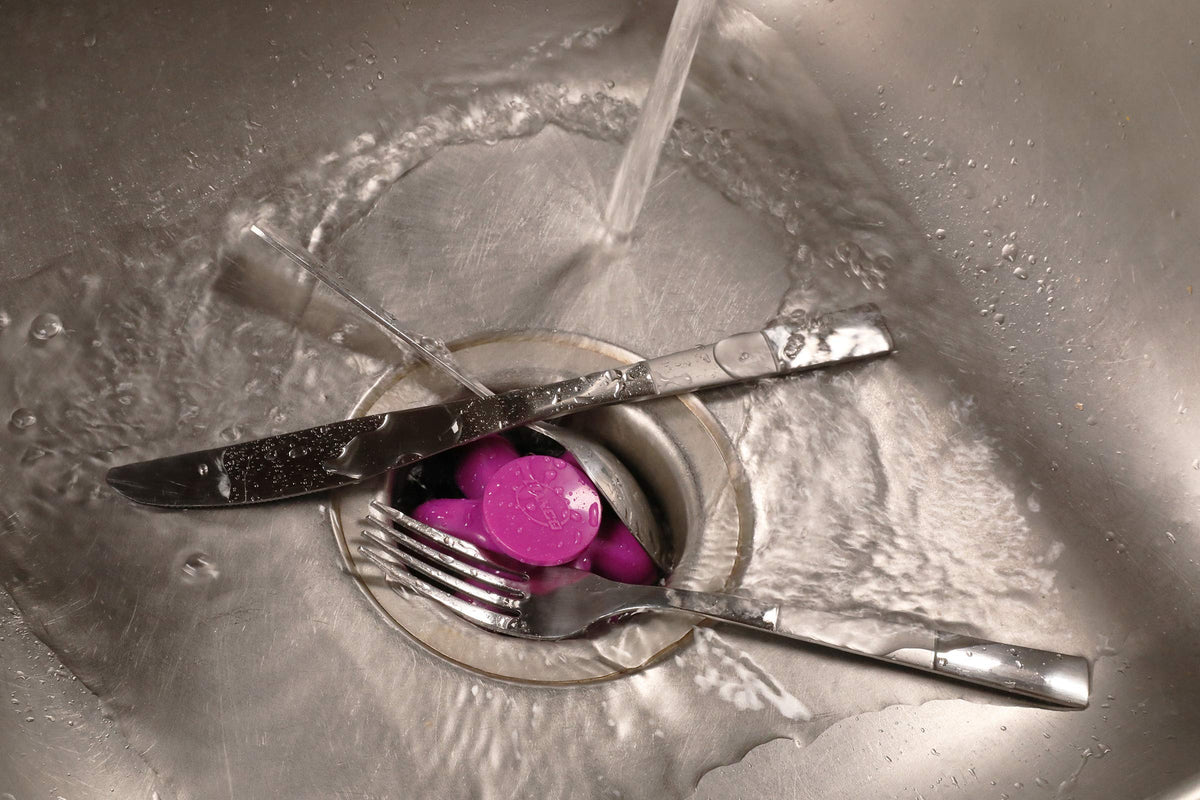 Danco 10762A | Disposal Genie II Garbage Disposal Strainer and Stopper, Kitchen Sink Drain Splash Guard with Food Scraper, Fuchsia, 1-Pack