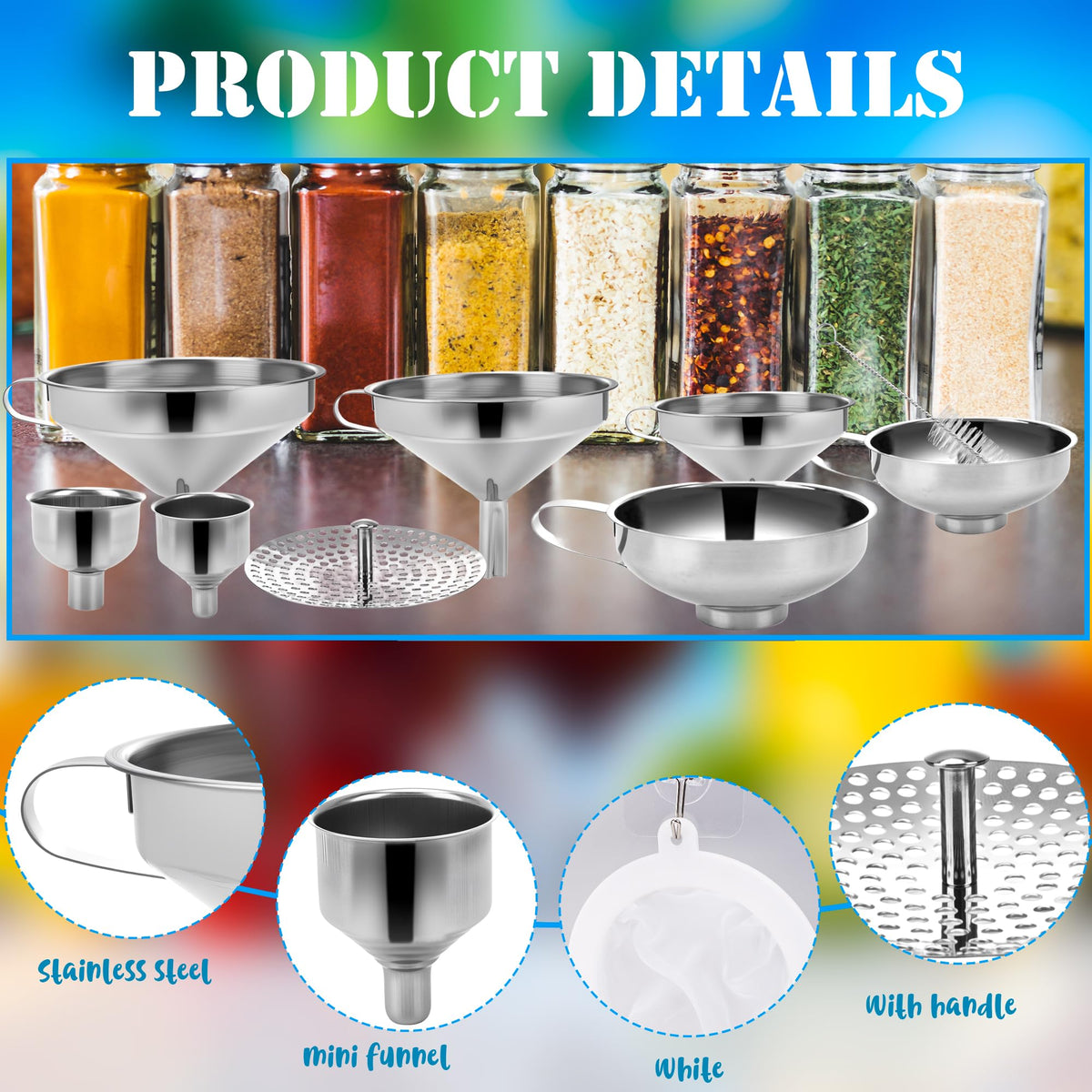 20 Pcs Canning Funnels Stainless Steel Wide and Narrow Mouth Strainer for Regular Mason Jar Filling Kitchen Use with Mesh Filter Brush Hook Metal Food Funnel Supplies Kit