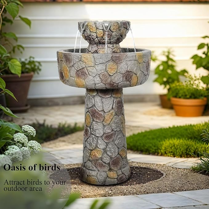 SunJet 25.7” High x 15.3” Diameter Concrete Bird Bath with Faux Stone Finish - Outdoor Water Fountain with Electric Pump - Birdbath for Garden, Patio, Yard, Lawn Décor