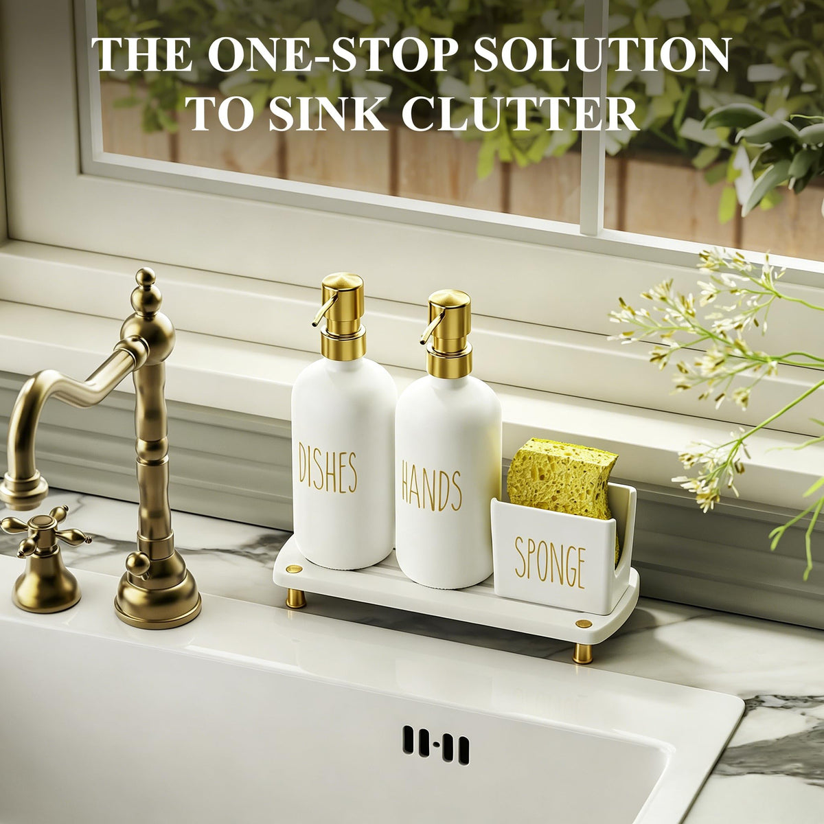 Cisily Kitchen Soap Dispenser Set Comes with Ceramics Sponge Holder, Gold Pumps, and Instant Dry Tray, Hand and Dish Soap Dispenser Set, Kitchen Decor and Accessories for Countertop Organizer