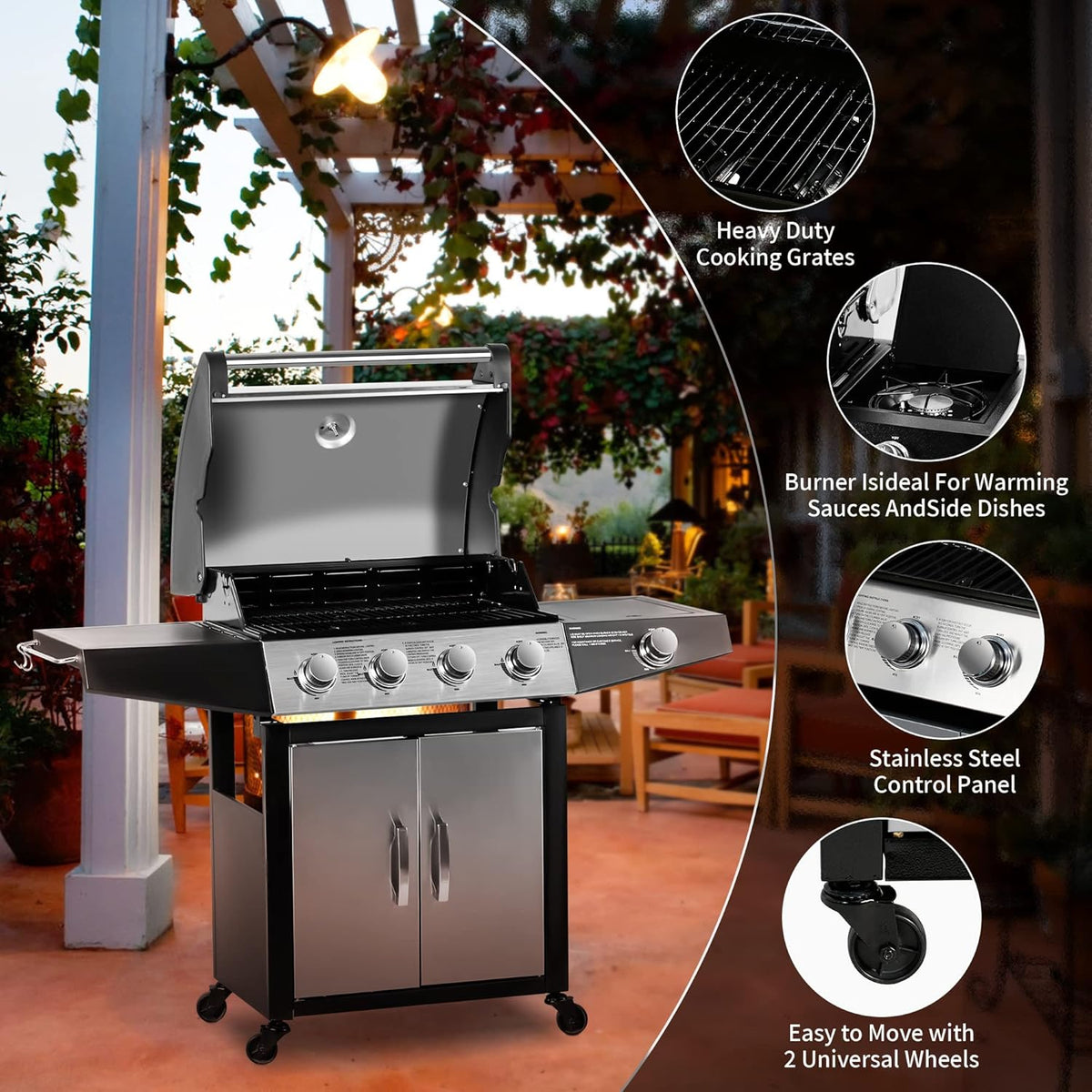 MASTER COOK 4 Burner Gas Grill, 52,000 BTU Cabinet Style Grill, Propane Grill, with Side Burner, Built with Stainless Steel