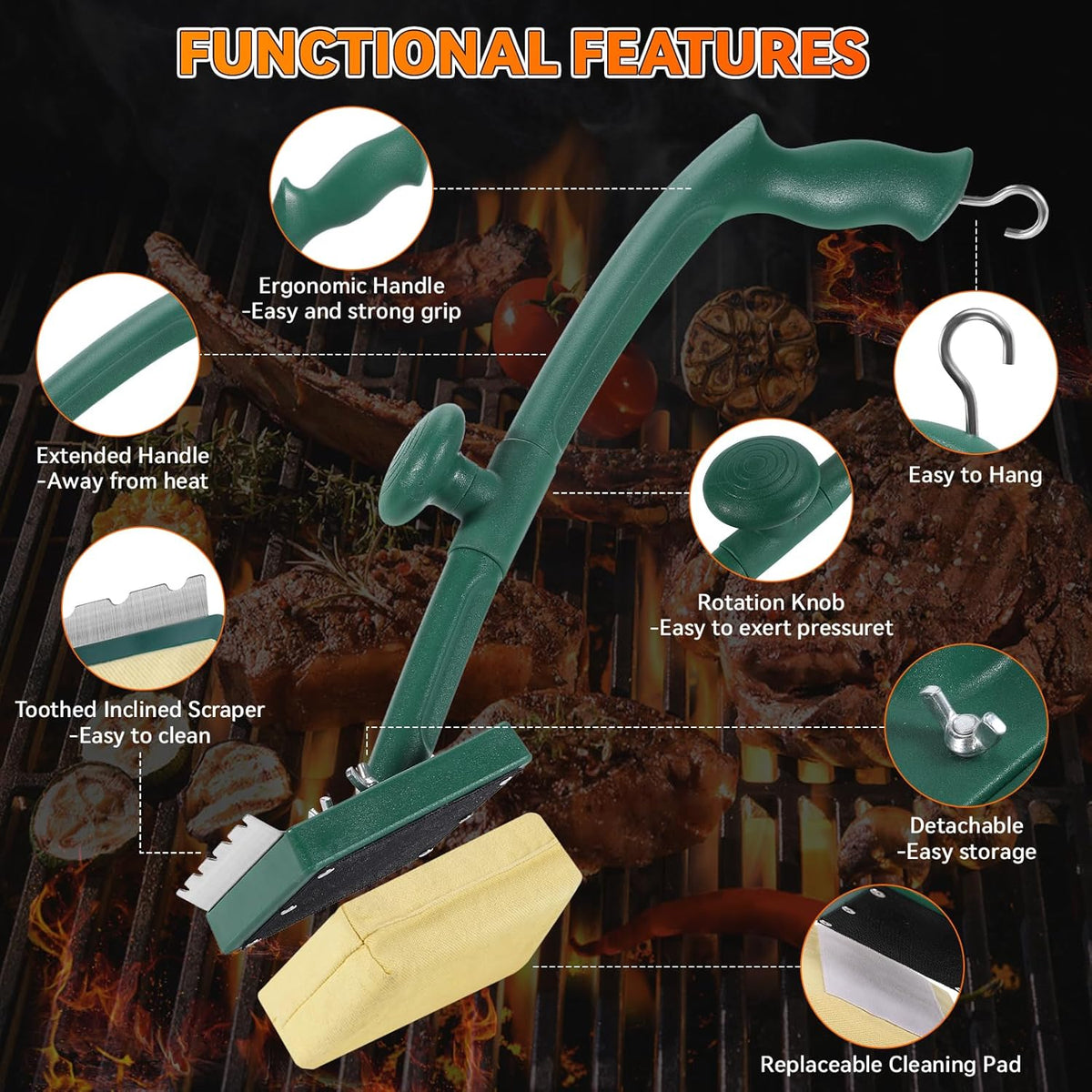 Grill Brush Bristle Free with Scraper,22" Extra Long Steam Grill Brush for Outdoor Grill,Replaceable Cleaning Head,Safe Grill Cleaner for Cast Iron/Stainless-Steel Grates,Ideal BBQ Gifts for Men Dad
