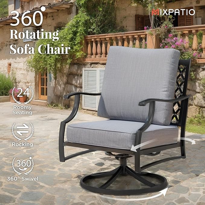 Patio Furniture Set with Fire Pit Table, 5 Pcs Metal Outdoor Conversation Set, 4 Swivel Chairs with 5.75" Extra Thick Cushion and 28" Fire Pit Table for Backyard Deck, Grey
