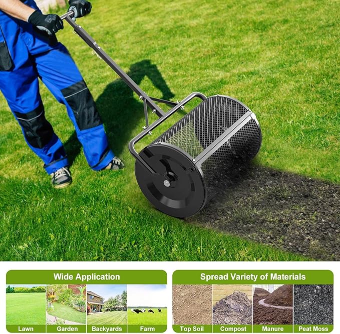 Seeutek Compost Spreader, 24" Peat Moss Spreader with 3 Heights, Top Soil Spreader W/Upgraded Side Latches Support Rod Powder Coated Metal Mesh Top Dressing Spreader for Lawn, 2 Way Uses-Push or Tow