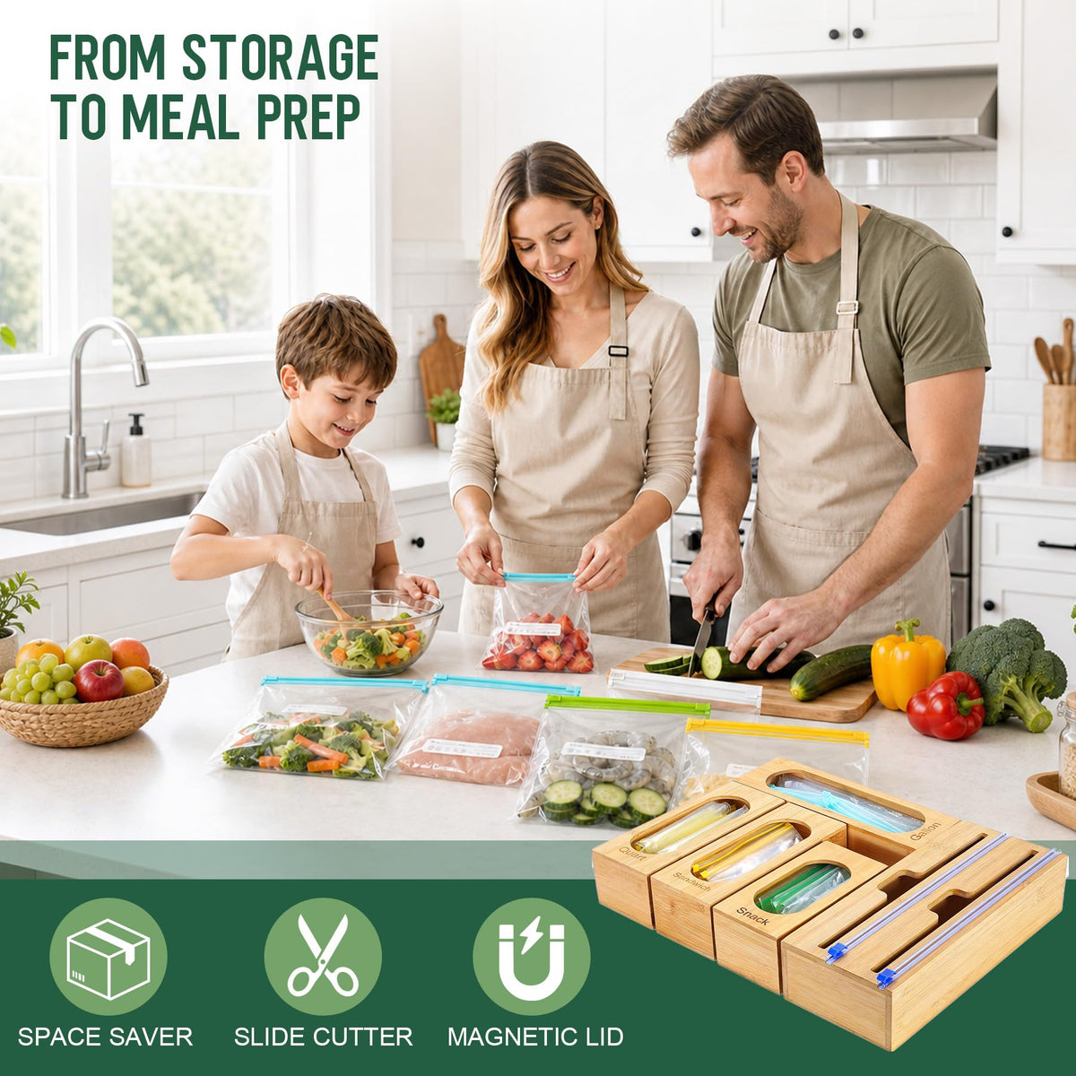 Gamtik Storage Bag Organizer for Kitchen Drawer, 5-Slot, Bamboo