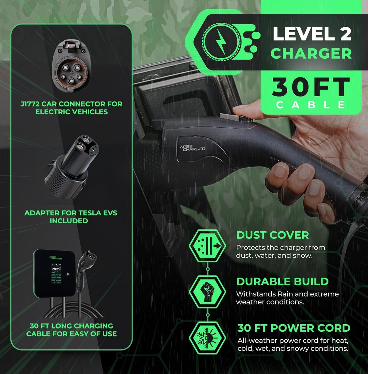 MACH 2:Fast Level 2 EV Charger 48 amp Garage-pro Wall-Mount. Electric Vehicle Charging Station 4 Nema 14-50 Outlet. J1772 car Connector. Key Accessories: 30ft Cable & Tesla NACS evse Portable Adapter
