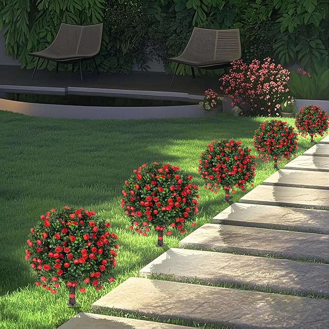 Artificial Boxwood Topiary Tree with Rose, Set of 2 Artificial Shrub Bushes with Ground Spike, Fake Evergreen Tree for Porch, Artificial Plants for Outdoor Planters Indoor UV Resistant
