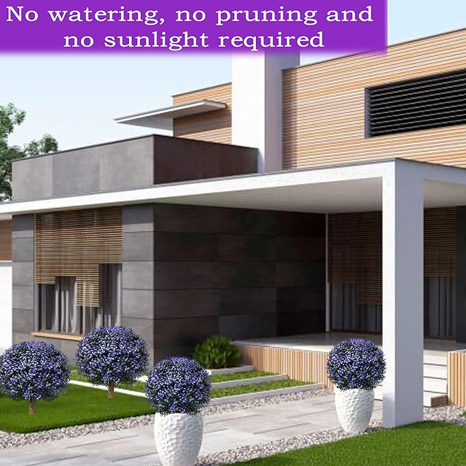 Set of 2 Artificial Boxwood Topiary Ball Trees Outdoor Faux Shrubs Artificial Boxwood Plants with Ground Spike, 24" Lavender Fake Evergreen Tree UV Resistant for Planter,Potted,Fall