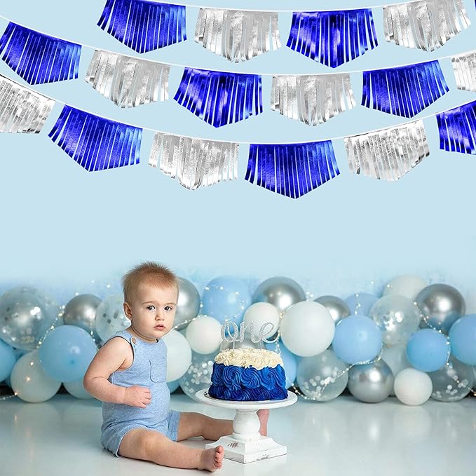 Royal Blue Silver Tassel Banner Metallic Fabric Pennant Bunting Flag for Graduation Birthday Retirement Bachelorette Engagement Wedding Bridal Shower Navy Nautical Ahoy Achor Party Decoration Supplies