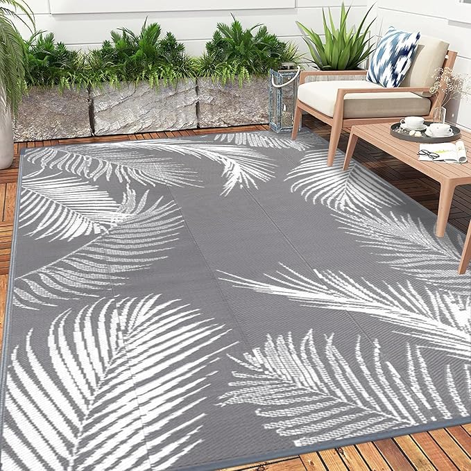 Pauwer Waterproof Outdoor Rug 8x10, Reversible Plastic Straw Patio Camping Rug, Indoor Outdoor RV Mat Carpet for Deck, Camper, Porch, Balcony, Backyard, Picnic, Leaf Grey