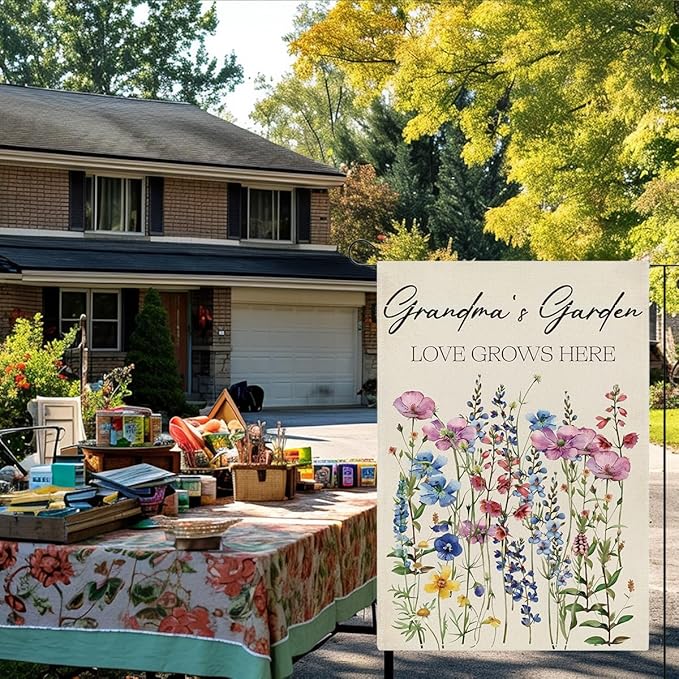Grandma's Garden Flag Welcome Sign Love Grows Here Flag Gift Flower Decoration Small Double Sided Burlap art Stained Glass Style Garden Flags 12 x 18 Inch for Outside