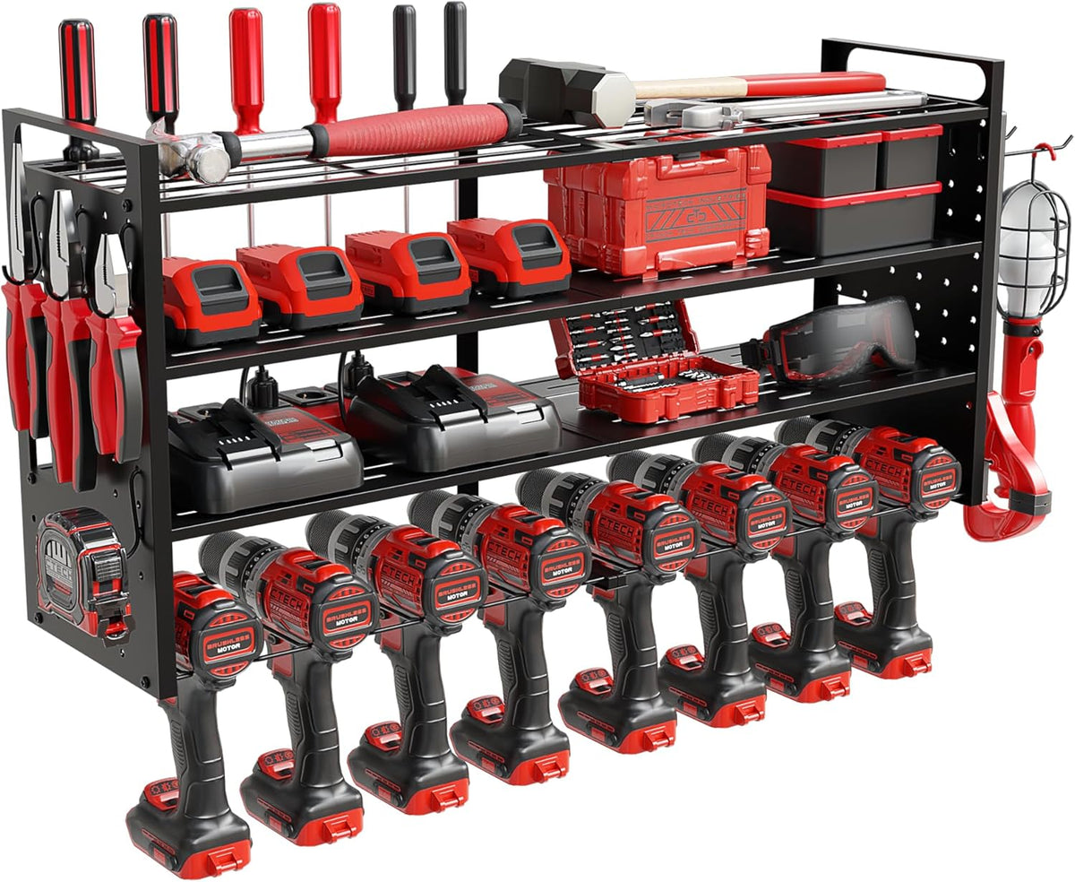 Power Tool Organizer Wall Mount - Power Tool Storage Rack with 3 Shelves, 8 Drill Holders, Bit Holder, Load 300 lbs, Pegboard Sides Storage for Tools- Garage Drill Organizer, Ultimate Workshop Station