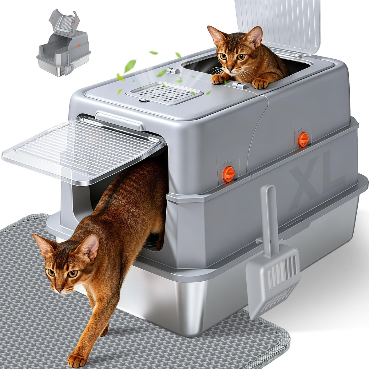 Enclosed Stainless Steel Litter Box, XL Covered MetalPan Includes Mat Scoop