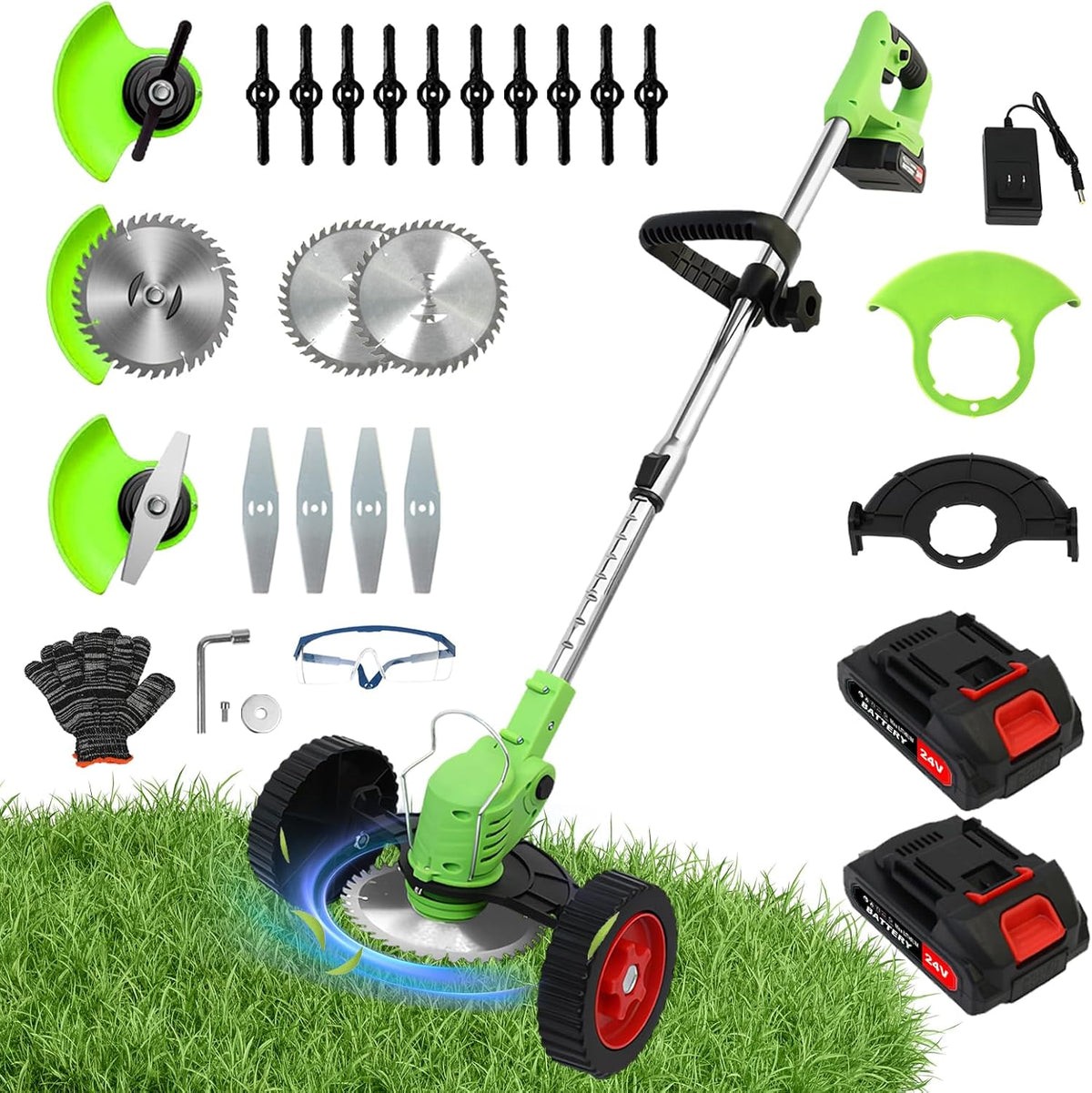 ALSO GO 21V Electric Weed Wacker, Weed Trimmer, Battery Powered Grass Trimmer with 2pcs Batteries, 3 in 1 Cordless Weed Eater with Wheels, Stringless Lightweight Grass Cutter for Lawn Garden Yard