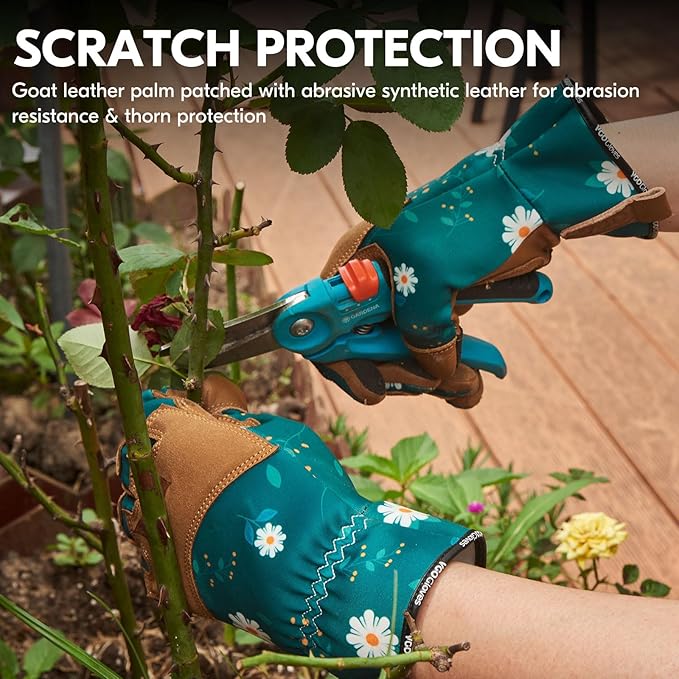 Vgo... 1Pair Gardening Gloves for Women, Goatskin leather Thorn Proof Working Gloves for Weeding, Digging, Raking, Pruning and Planting,Touchscreen(L,Dark Green,GA7471)