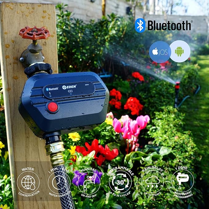 Eden 25441 1-Zone Bluetooth Water Timer for Smart Irrigation - Remote Control via App, Customizable Scheduling, and Water Delay Setting