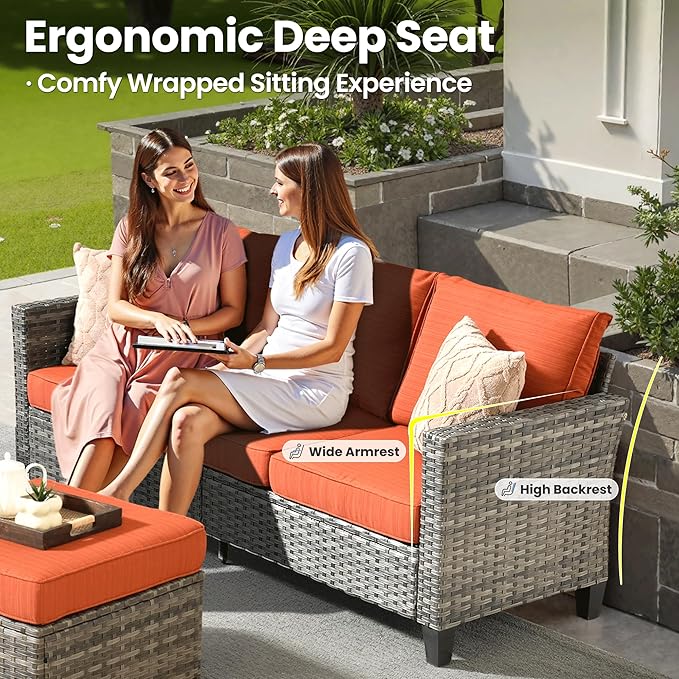 ovios 7 Pieces Patio Furniture Set with 54" Fire Pit Table, Outdoor Wicker Sofa with Comfy Cushions, All Weather High Back Rattan Couch Conversation Set, Orange Red