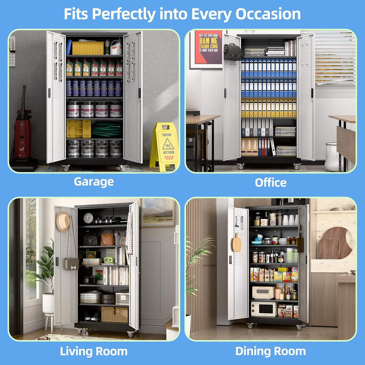Upgraded Wide & Deep Metal Garage Storage Cabinet with Wheels & Pegboard, Lockable Metal Storage Cabinets with 2 Doors&5 Adjustable Shelves for Garage&Home,Assembly Required,Black Gray