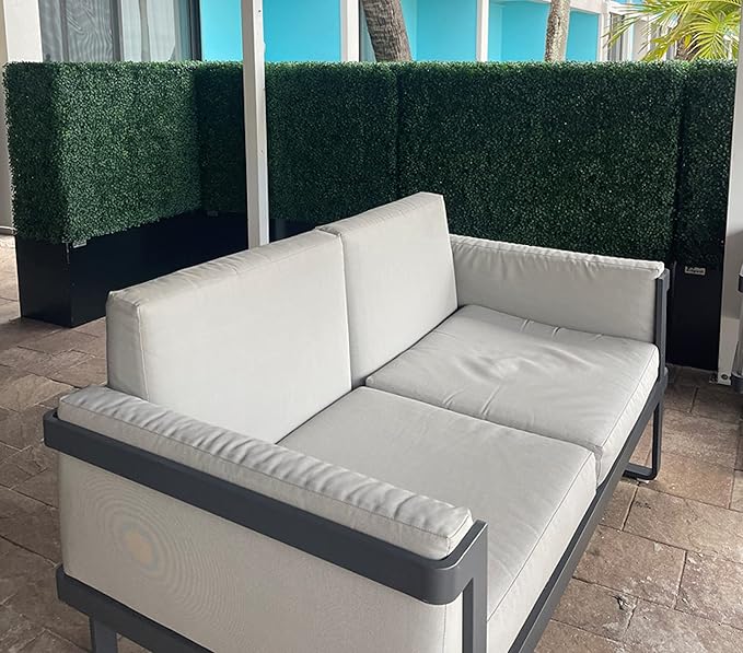 Artificial Boxwood Hedge Divider Wall with Black 201 Stainless Steel Planter Box (60" L X 48" H X 14" D)