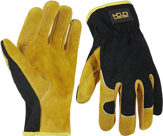 HANDLANDY Leather Work Gloves for Men & Women, Reinforced Durable Garden Gloves, Cowhide Working Glove for Gardening