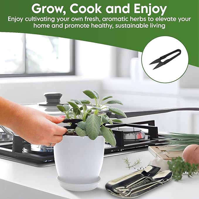 Indoor Garden Kit - Plant Pots with Drainage, Watering Can & Tools - Ideal Windowsill Planter Set - Modern Home & Kitchen Decor Gift - White