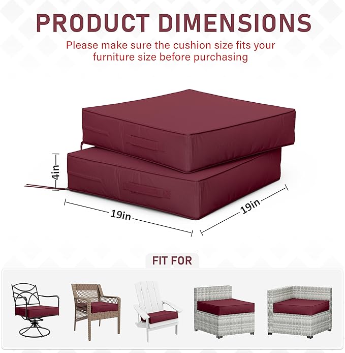 Patio Chair Cushions 19 X 19 X 4 Inch Waterproof Outdoor Seat Cushions for Patio Furniture, Outdoor Sofa Couch Pads with Ties & Handle, Set of 2, Burgundy