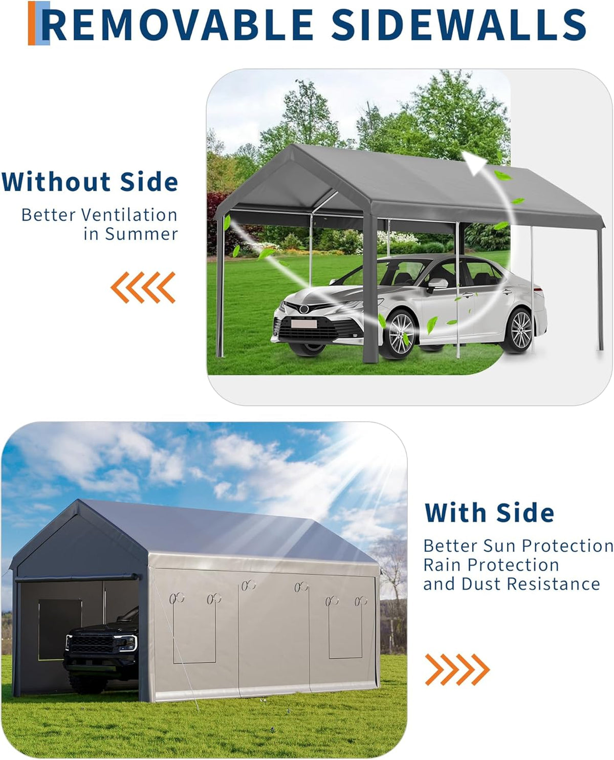 10x20 Ft. Metal Carport Garage with PE Fabric and Galvanized Steel Frame Outdoor Shelter for Cars, Trucks and Boats with 4 Doors and Mesh Windows for Ventilation - Grey