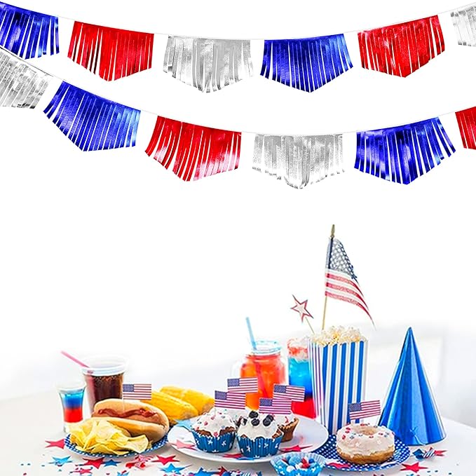 Blue Red Silver Tassel Banner Metallic Fabric Pennant Bunting Flag for 4th of July American USA National Day Patriotic Veterans Graduation Wedding Birthday Retirement Nautical Party Decorations