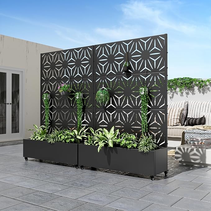 Casaphoria Metal Raised Garden Bed with Trellis and Wheels, 72"x47"x16" Planter Box for Climbing Plants, Vegetables & Vines, Features Drainage Holes and Privacy Screen (Black-Star)