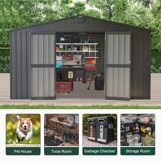 Domi Outdoor Storage Shed 11' x 9', Metal Steel Utility Tool Shed Storage House with Double Lockable Doors & Air Vents for Backyard Patio Garden Lawn Dark Grey