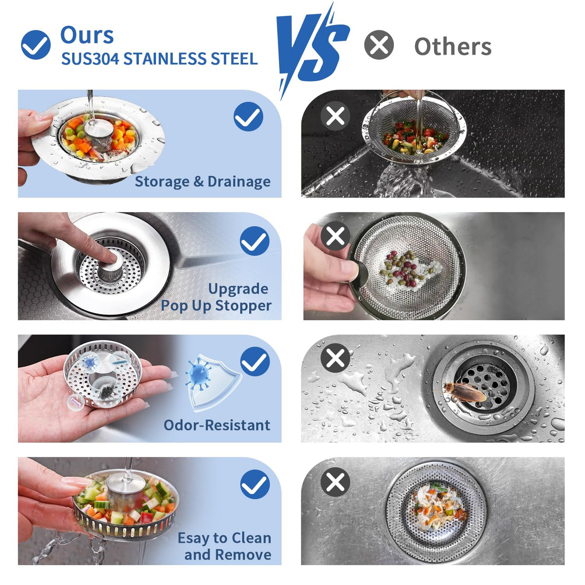 3-in-1 Kitchen Sink Drain Strainer - Pop Up Sink Stopper, Stainless Steel Sink Drain Strainer, Kitchen Sink Stopper & Drain Plug with Anti-Clogging Basket,Sink Strainer Fits US Standard 3-1/2'' Drains