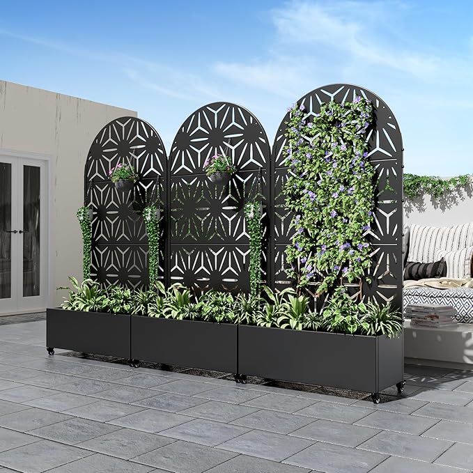 Casaphoria Metal Raised Garden Bed with Trellis and Wheels, 72"x35"x16" Arched Planter Box for Climbing Plants, Vegetables & Vines, Features Drainage Holes and Privacy Screen (Black-Star)