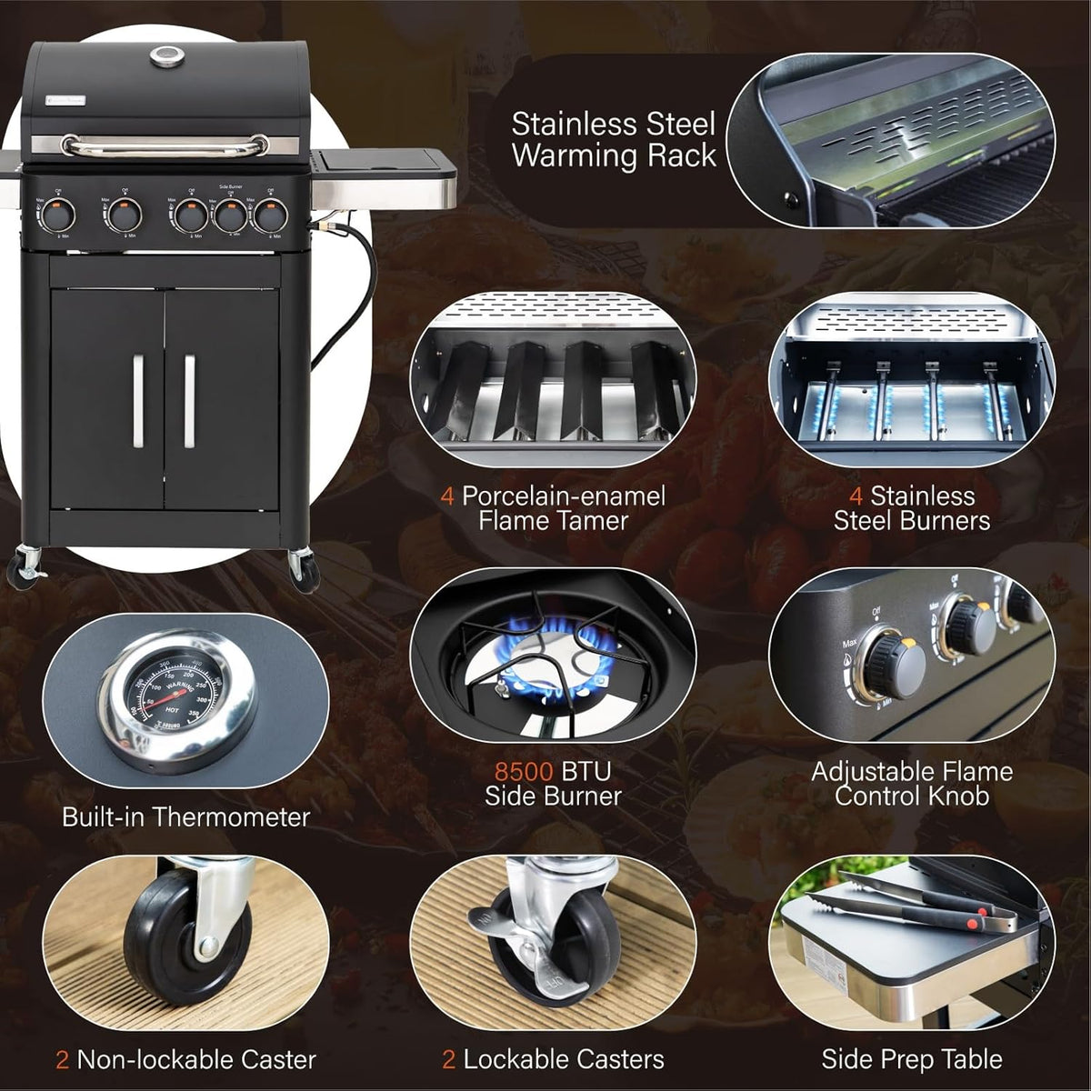 Sophia & William 4-Burner Gas BBQ Grill with Side Burner & Porcelain-Enameled Cast Iron Grates, Outdoor Cooking Propane Grills Cabinet Style Garden Barbecue Grill, 46,700BTU, Black