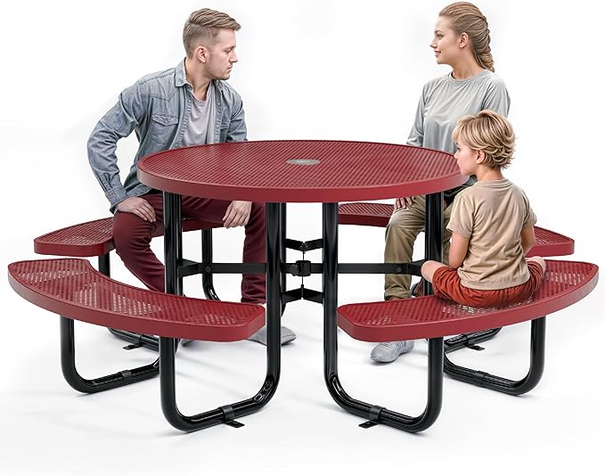 Metal Picnic Tables for Outdoors with Umbrella Hole - Coated Steel Heavy Duty Commercial Grade Table with Adjustable Seats (Red, 46 in, Round, Punched Steel)
