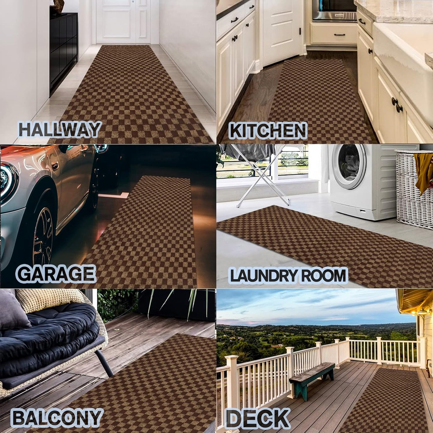 Custom Size Backed Non-Slip Area Rugs Runner, Easy Clean, Waterproof Runner Rugs for Hallway Entryway, Kitchen, Laundry, 2FT x 60FT, Brown Checkered