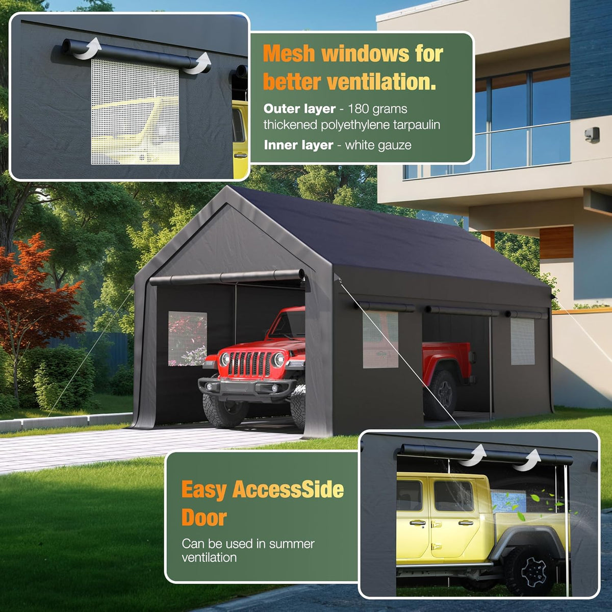 Polar Aurora Carport, 12x20 FT Heavy Duty Carport with Side-Opening Door & Roll-Up Windows, Car Port Canopy, Outdoor Portable Garage for Car, Truck, Boat, Motorcycle