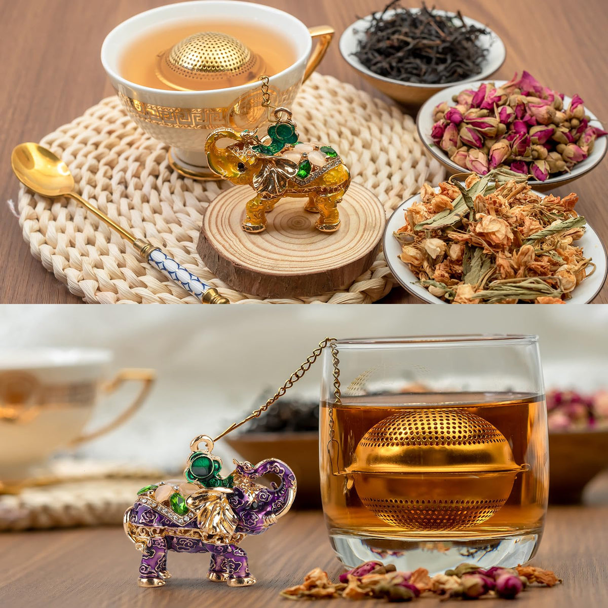 Gloriousliving Stainless Steel Metal Tea Ball, 1.37-inch Tea Strainer, Crystal Diamond Elephant Tea Infuser for Loose Leaf Tea Festival Gifting and Personal Use, Gift Box Packaging（Violet Color）