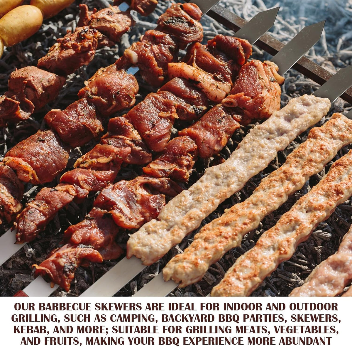 Zhehao 16 Pcs Heavy Duty Kabob Skewers 1 Inch Wide 2 mm Thin Kabob BBQ Stainless Steel Metal Skewers for Grilling with Wooden Handles, Silver(23 Inch Long)