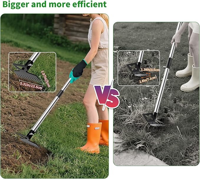 Weeding Puller Tool with Long Handle, 11 Tooth Manual Weed Rake Weeder Remover Tool Gardening with Gloves, Dandelion Gardenia Uprooting Tool for Yard, Lawn, Patio and Garden