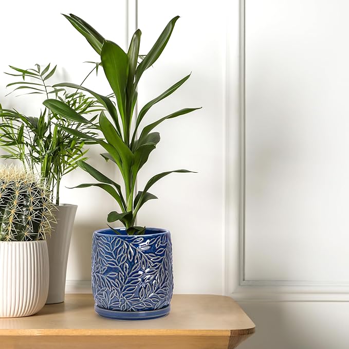 D'vine Dev 5 Inch Embossed Leaves Stoneware Planter Pot with Drainage Hole and Saucer, Midnight Blue, 27-A-V-3