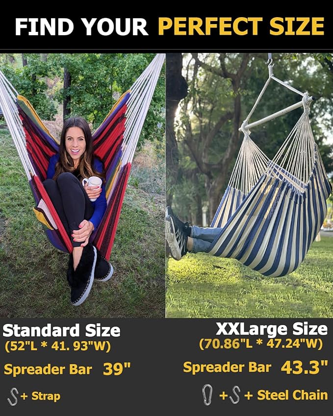 ADVOKAIR Hammock Chair Hanging Chair Rope Swing XXL - Max 500lbs, 70in Large Hammock Swing Chair -Portable Steel Spreader Bar with Anti-Slip Rings-Roomy & Strong