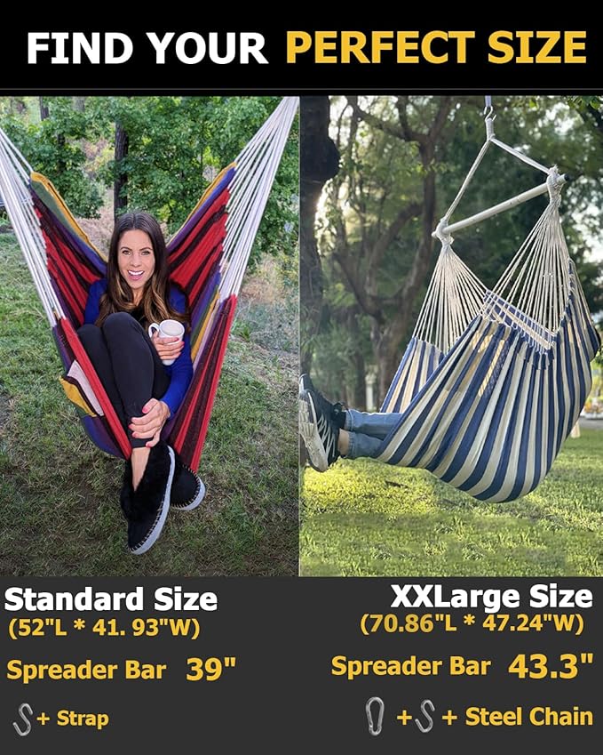 ADVOKAIR Hammock Chair Hanging Chair Rope Swing XXL - Max 500lbs, 70in Large Hammock Swing Chair -Portable Steel Spreader Bar with Anti-Slip Rings-Roomy & Strong