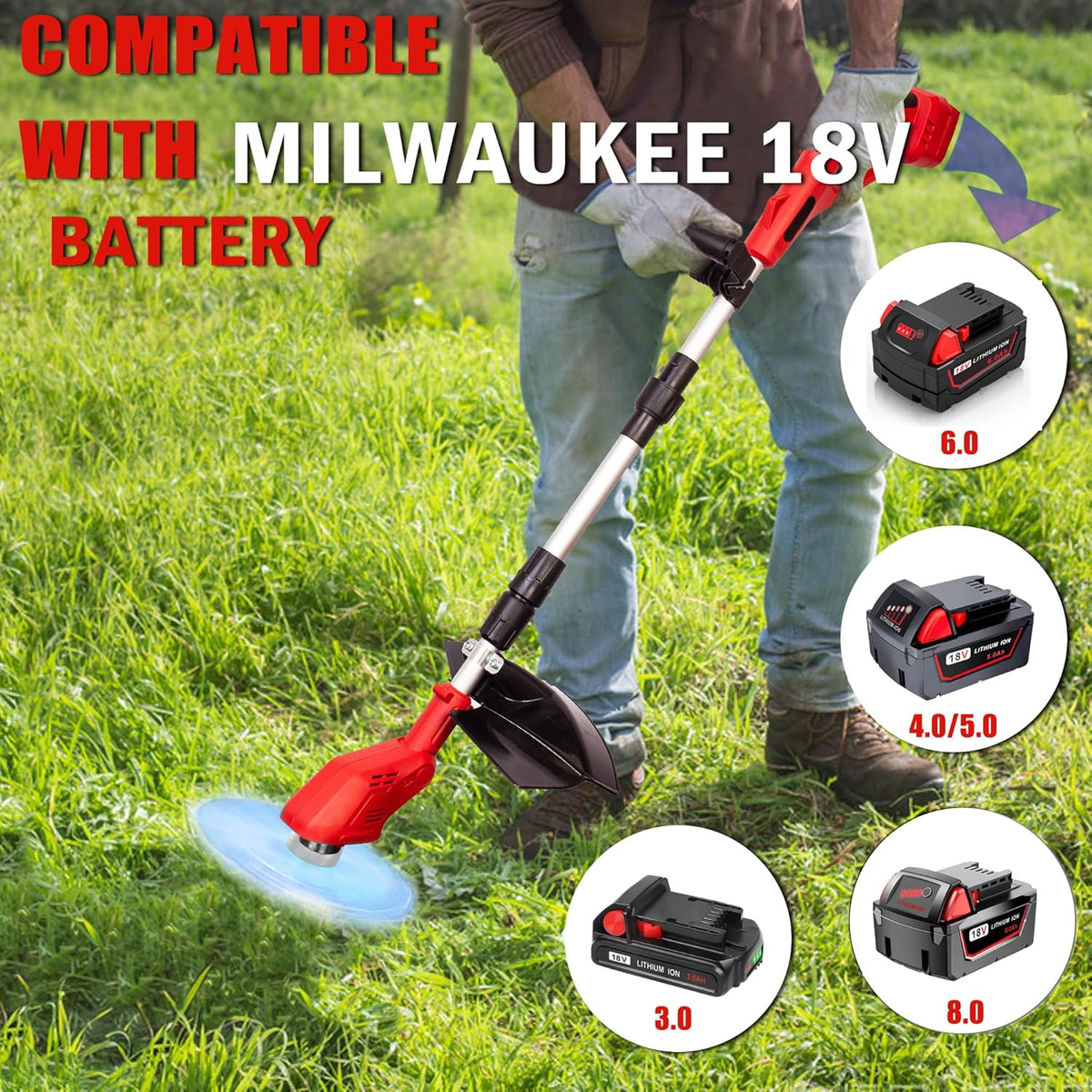Cordless String Trimmer Compatible with Milwaukee 18V Batteries,Folding 3 in 1 Electric Weed Wacker with Brushless Motor,8 INCH Electric Weed Wacker/Edger Trimmer for Lawn,Garden,Yard(Tool Only)