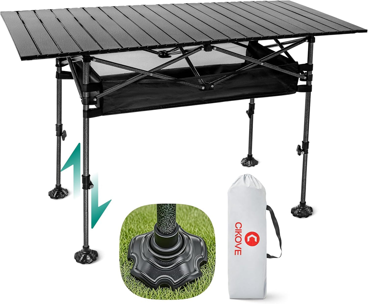 Height Adjustable Camping Table Tall Large Outdoor Folding Camping Table with Wide-Base Anti-Sink Legs & Carry Bag for Camping BBQ Beach Backyard (Black)